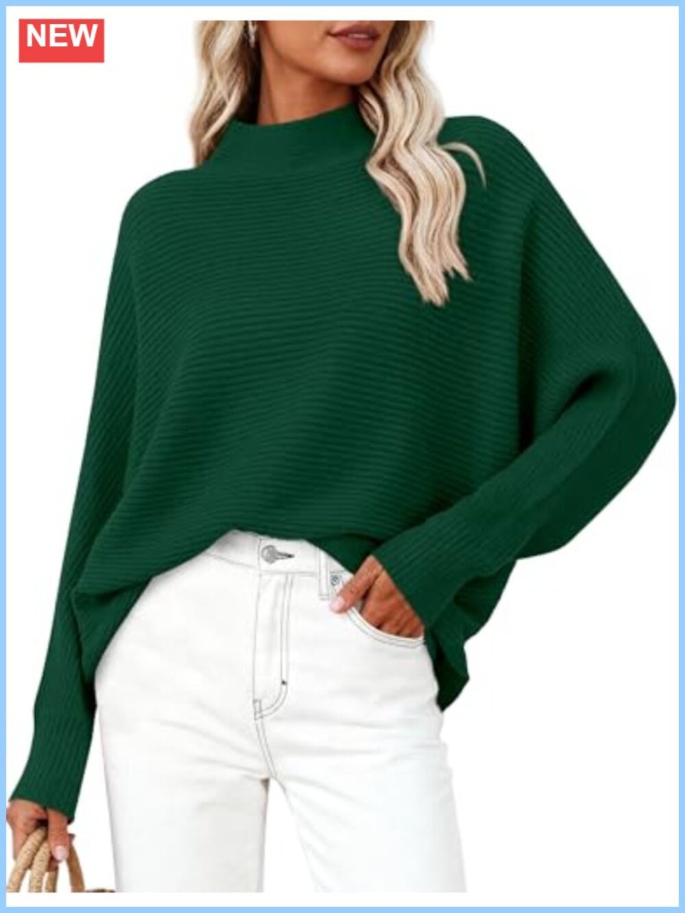 Oversized Ribbed Knit Mock Neck Batwing Sleeve Pullover Sweater